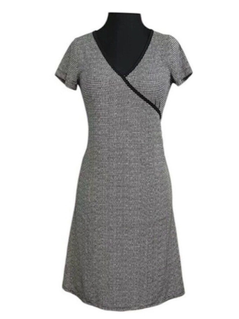 Prana Excellence Faux Wrap Dress Medium Black White Stretch Geometric Casual
